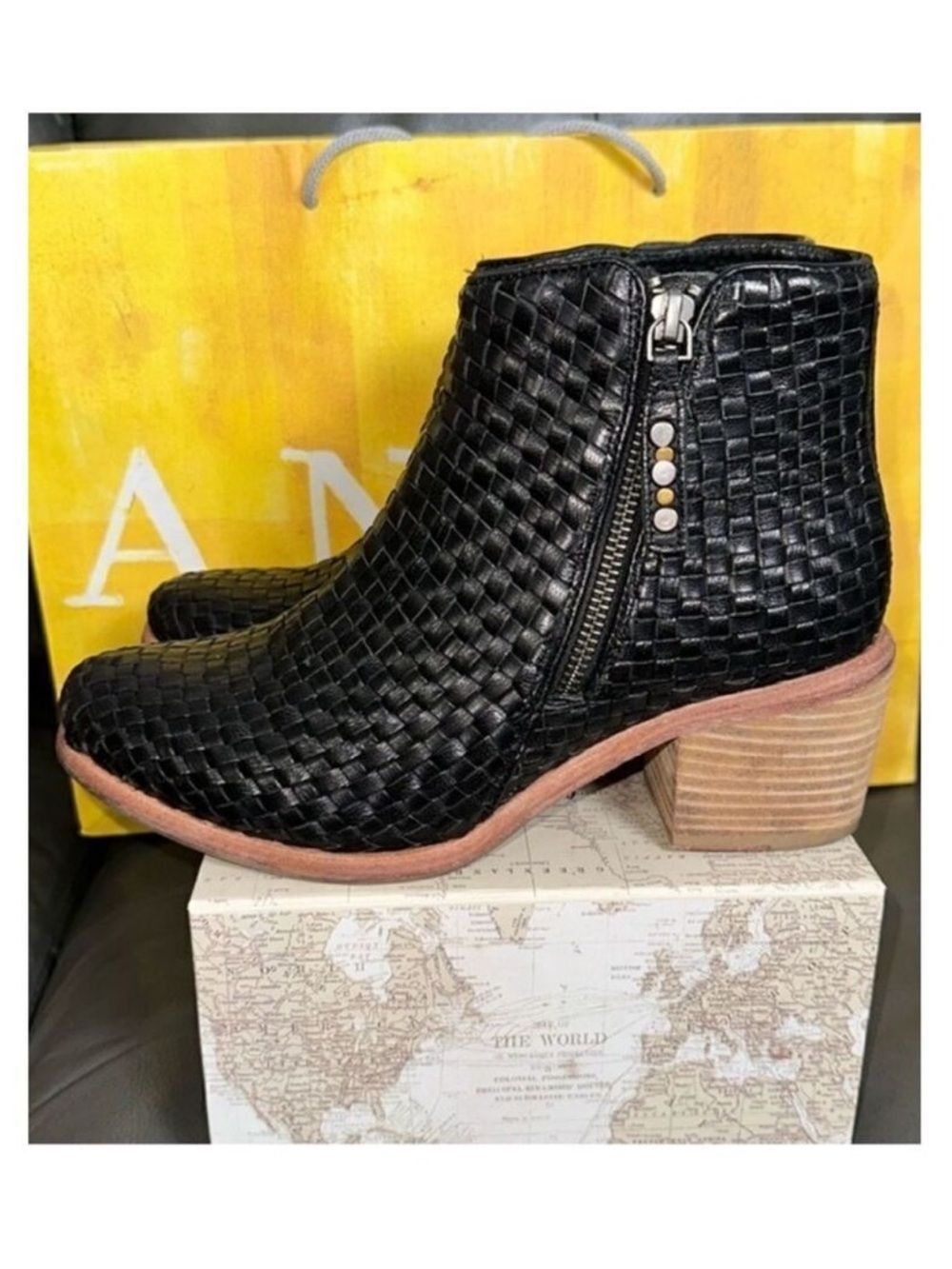 Anthro Kelsi Dagger 8.5 Black Criss Cross Leather Stack Block Heel Ankle Booties